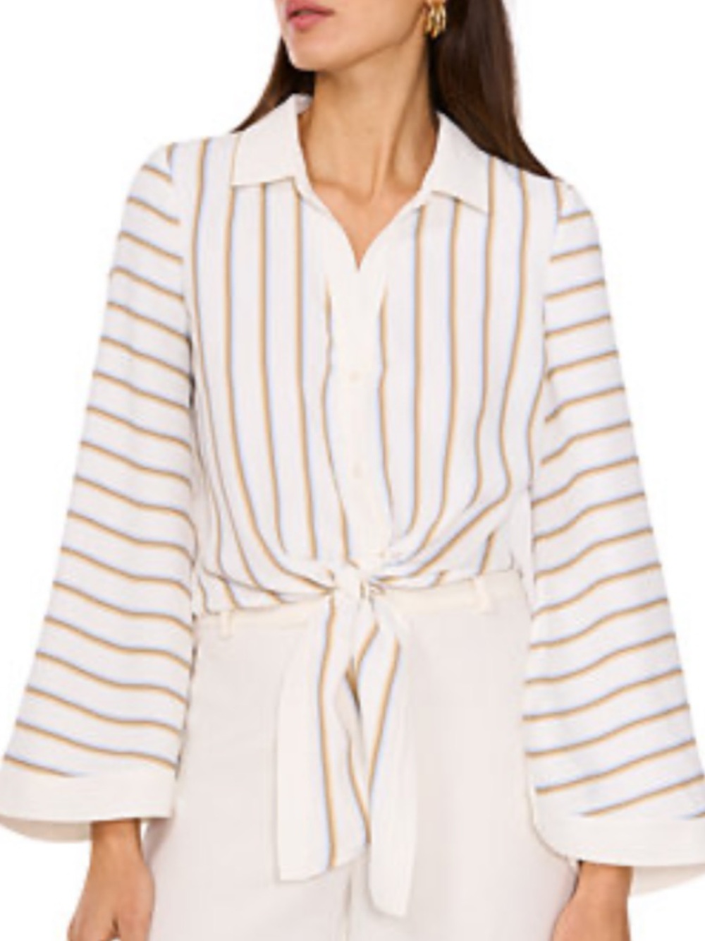 Vince Camuto Striped Tie-Front Women's Blouse - Cream with Brown & Blue Stripes